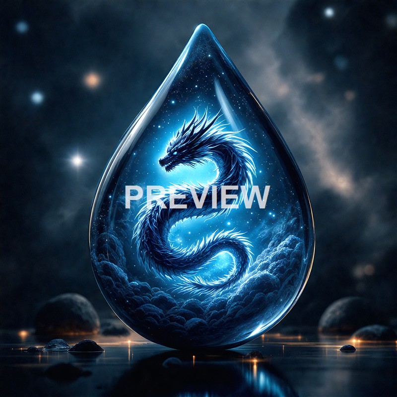 A glowing, blue, fantastical dragon is depicted inside a large, teardrop-shaped glass container floating above a reflective surface with a starry sky background.